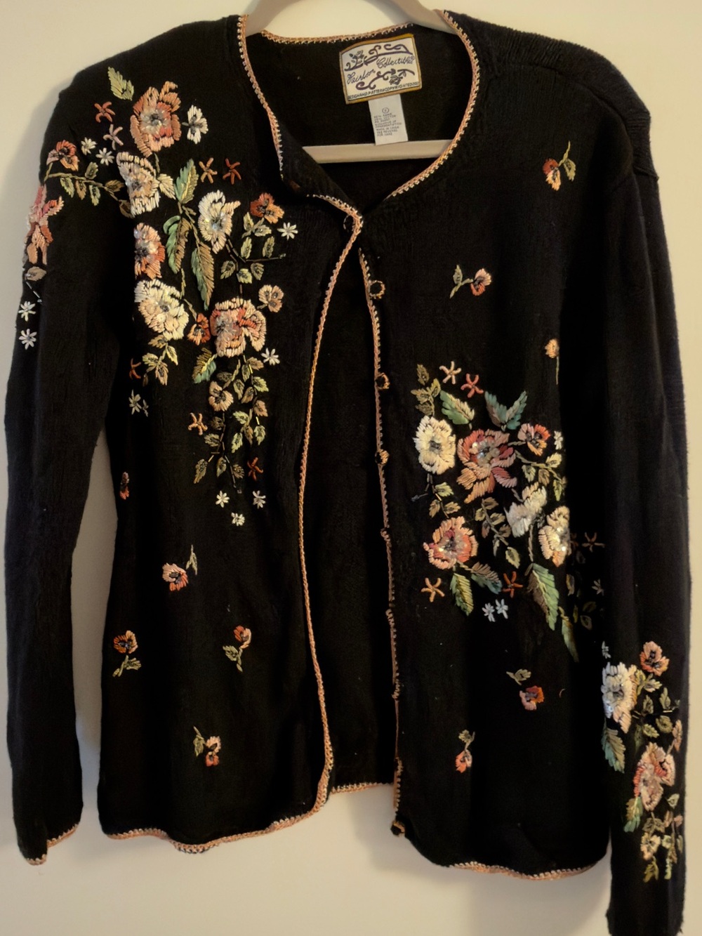 Vintage Embroidered Black Floral Open-Front Cardigan Sweater